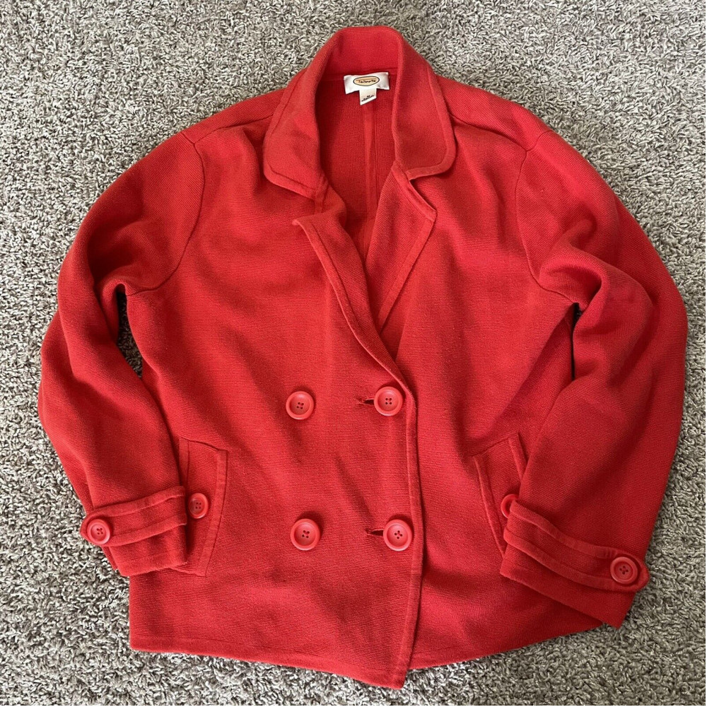 Vintage TALBOTS Womens Jacket Medium Red 100% Cotton Double Breasted Blazer Knit